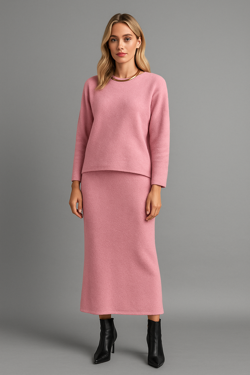 Round Neck Dropped Shoulder Top and Midi Skirt Sweater Set