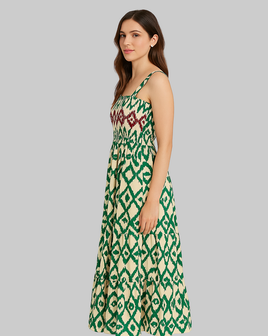 Western Aztec Shirred A-line Sleeveless Maxi Dress
