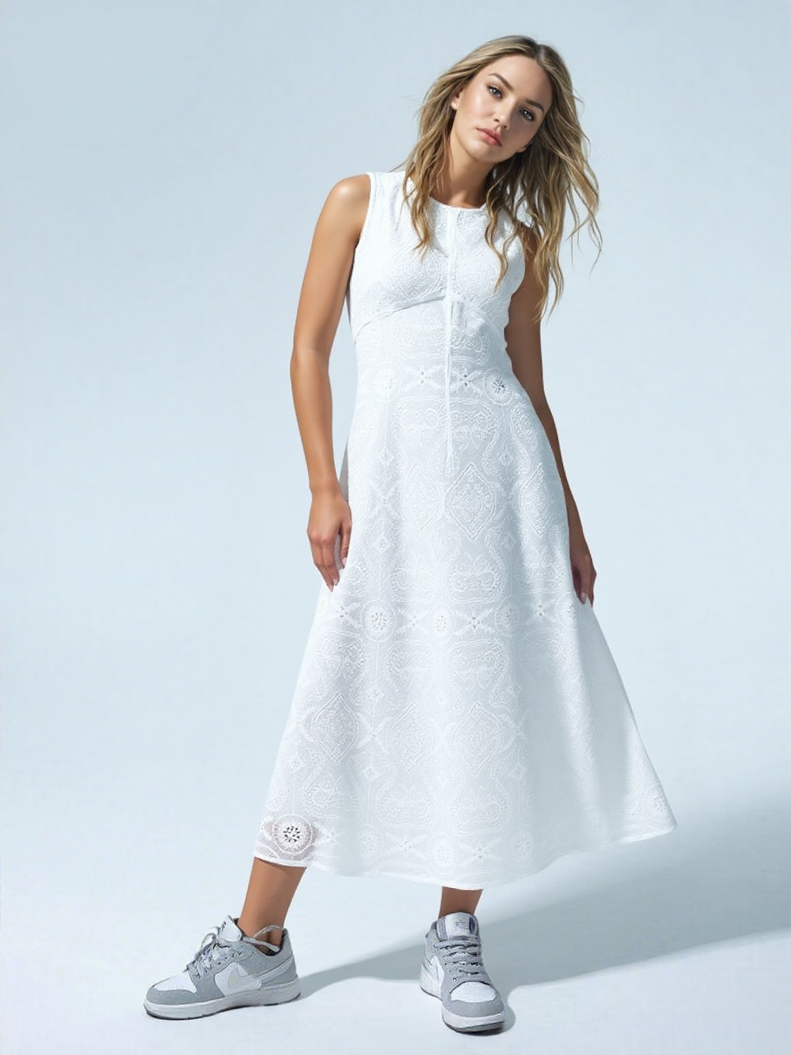 Elegant White Linen Embroidered Dress