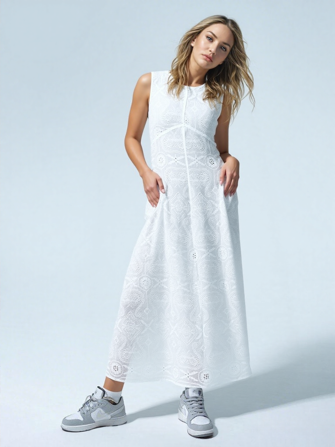 Elegant White Linen Embroidered Dress