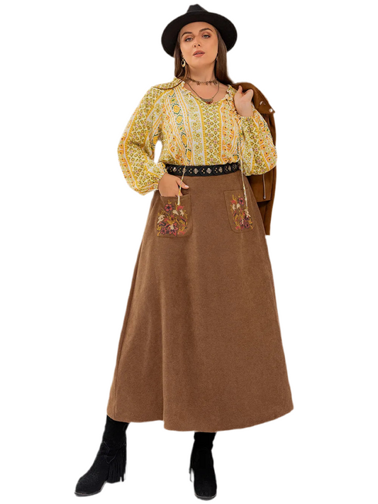 Plus Size Embroidered Pocketed High Waist Skirt