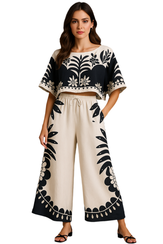 Printed Half Sleeve Top and Wide Leg Pants Set