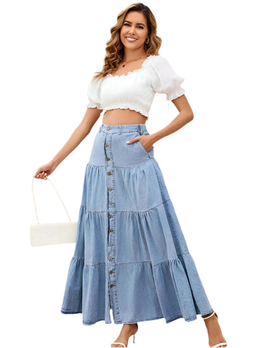Button Front Tiered Denim Dress