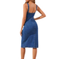 Button Front Fitted Denim Midi Dress