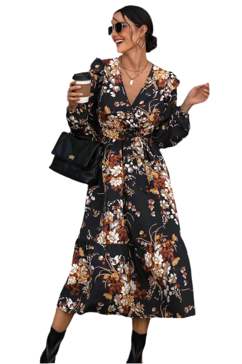 Perfee Floral Surplice Tie Front Ruffle Hem Midi Dress