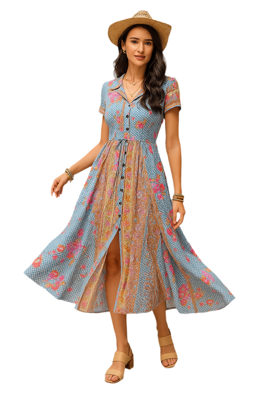Smocked Floral V-Neck Short Sleeve Midi Dress