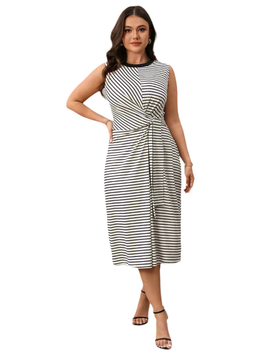 Striped Round Neck Sleeveless Midi Tank Dress