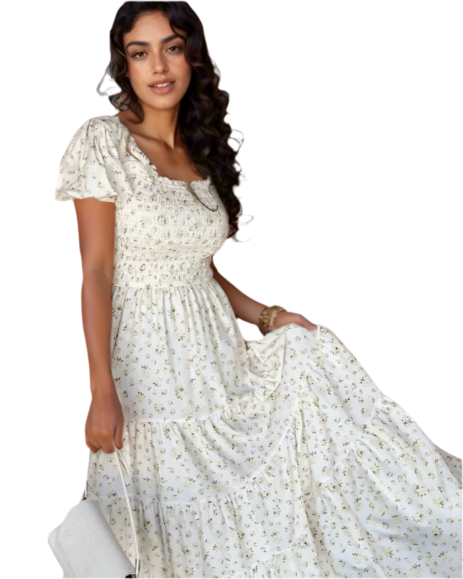 Floral Smocked Short Puff Sleeve Maxi Dress