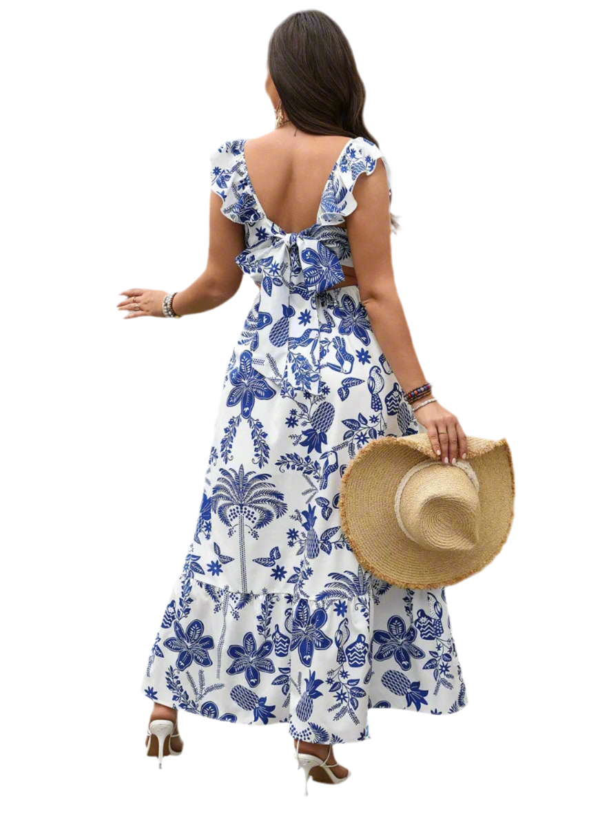 Plus Size Ruffled Printed Sweetheart Neck Maxi Cami Dress