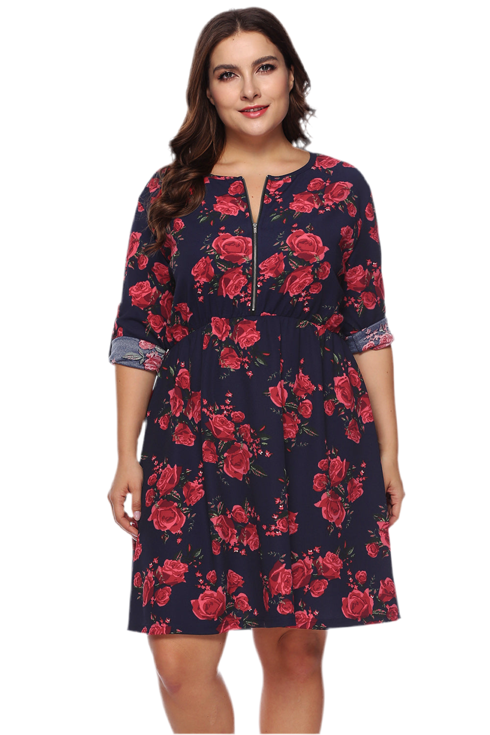 Plus Size Floral Print Half Zip Up Dress