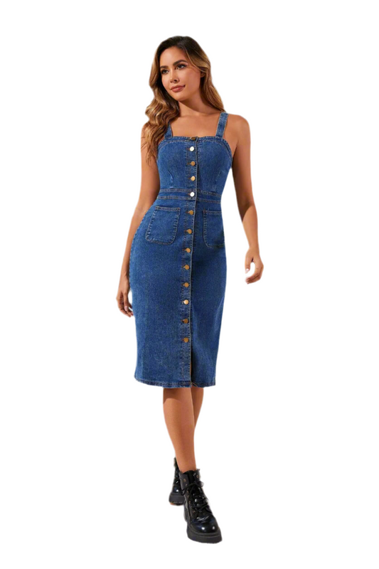 Button Front Fitted Denim Midi Dress