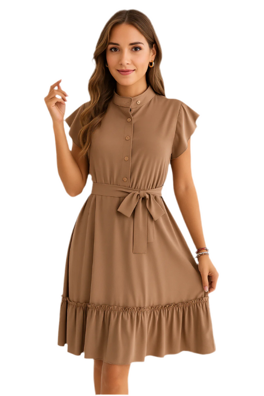 Tie Waist Ruffled Cap Sleeve Dress