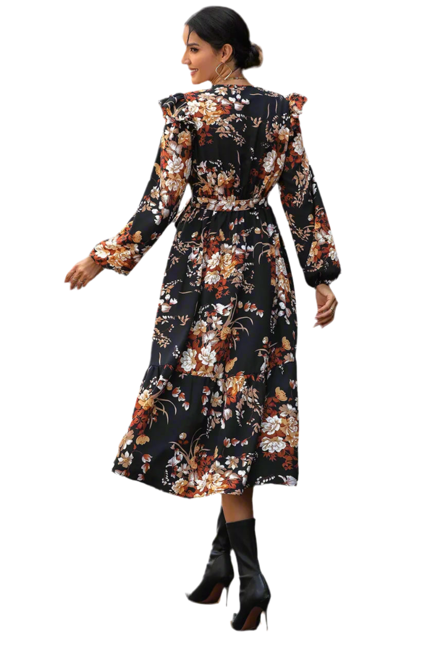 Perfee Floral Surplice Tie Front Ruffle Hem Midi Dress