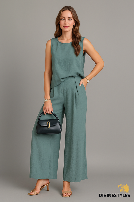 Round Neck Sleeveless Top and Wide Leg Pants Set