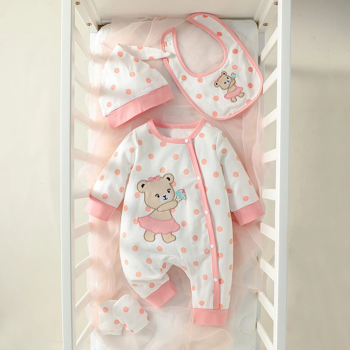 4PCS  Newborn Baby girl lovely and sweet Polka dot printingPatch Bear  autumn Cute jumpsuits+Hat+Bib