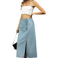 Slit Button Detail Denim Midi Skirt