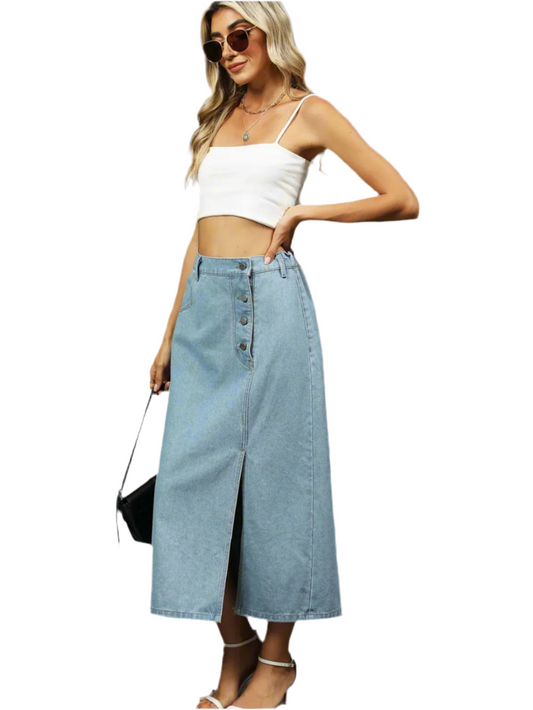 Slit Button Detail Denim Midi Skirt