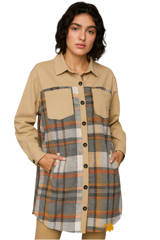 Pocketed Plaid Long Sleeve Mini Shirt Dress