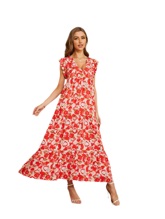 Floral V-Neck Cap Sleeve Summer Dress