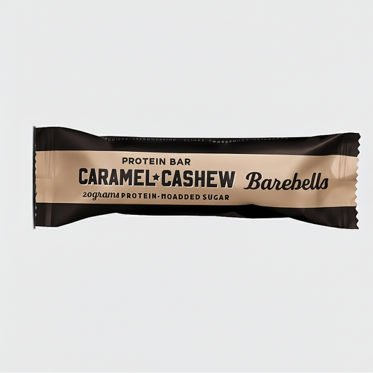 Barebells Caramel Cashew protein bar packaging on a light gray background