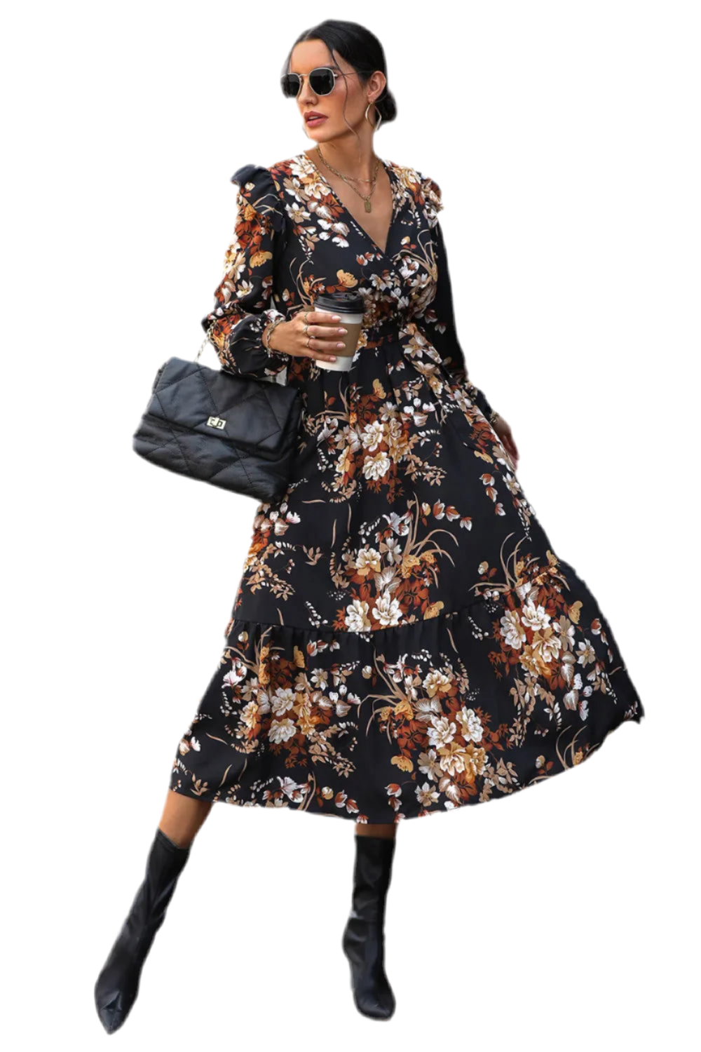Perfee Floral Surplice Tie Front Ruffle Hem Midi Dress