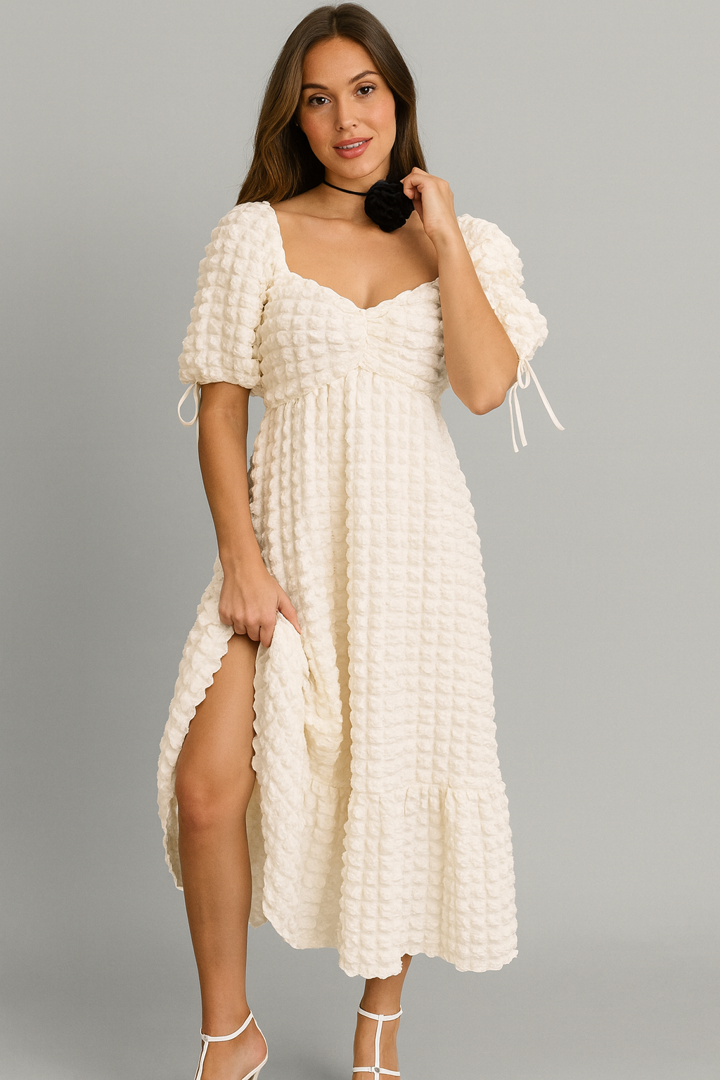Textured Sweetheart Neck Short Sleeve Dress
