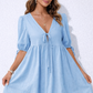 V-Neck Tie-Front Mini Dress with Puff Sleeves