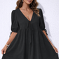 V-Neck Tie-Front Mini Dress with Puff Sleeves