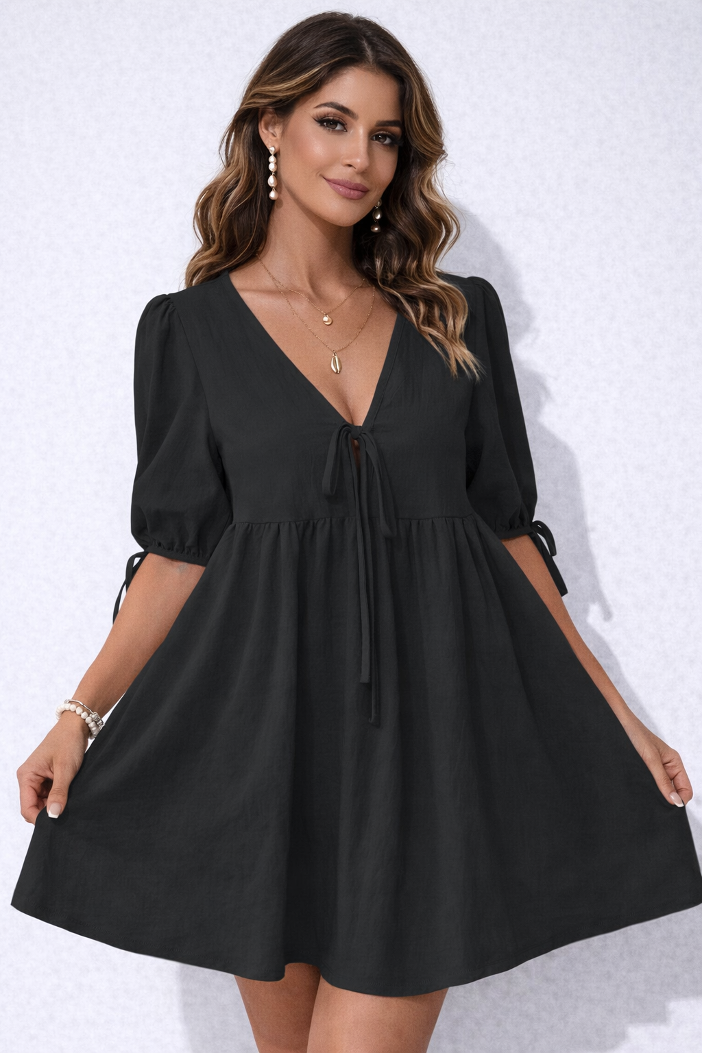 V-Neck Tie-Front Mini Dress with Puff Sleeves