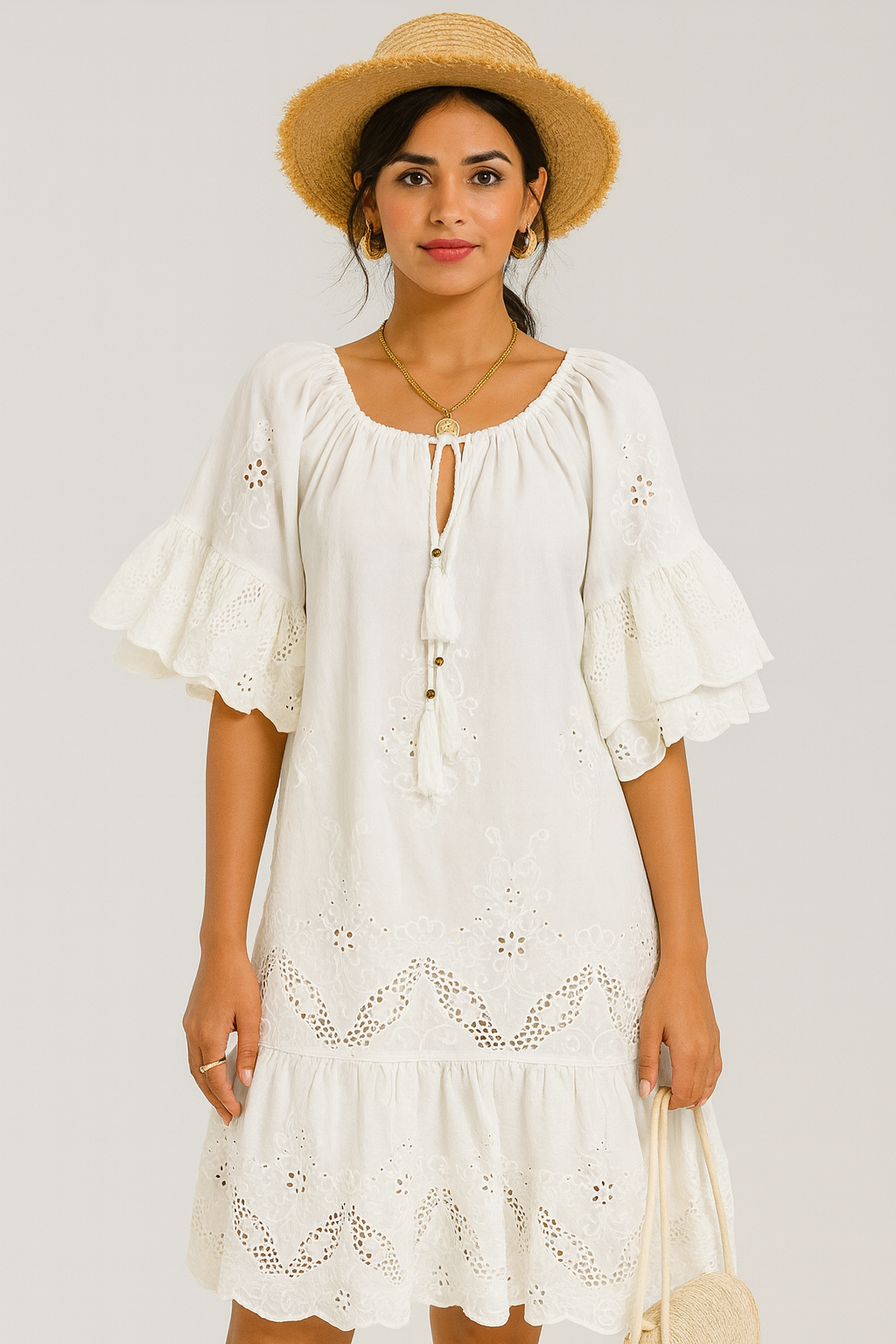 Eyelet Embroidered Tassel Tie Neck Dress