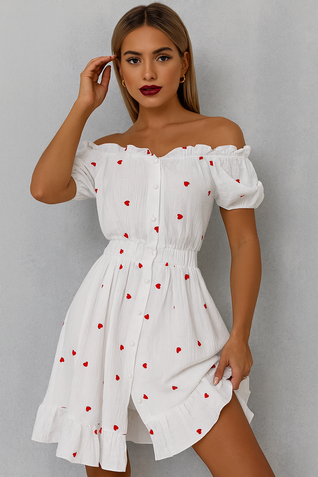 Heart Printed Off-Shoulder Ruffle Mini Dress
