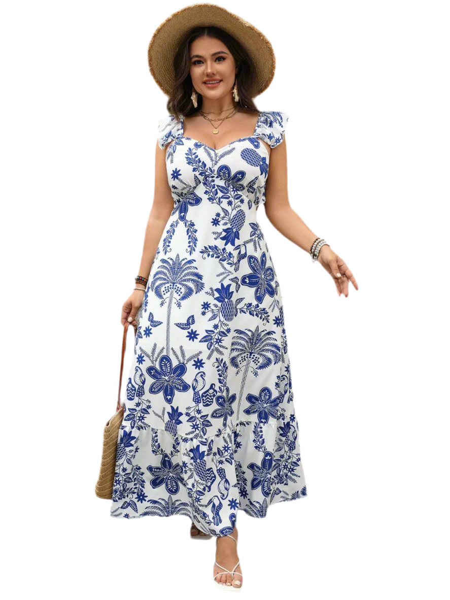 Plus Size Ruffled Printed Sweetheart Neck Maxi Cami Dress