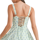 MABLE Floral Print Bustier Back Lace Up Midi Dress