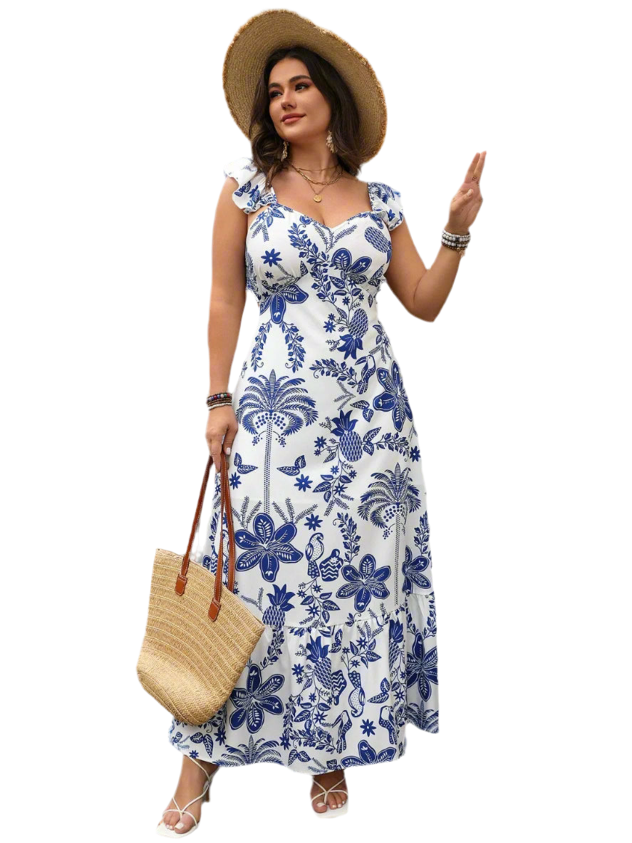 Plus Size Ruffled Printed Sweetheart Neck Maxi Cami Dress