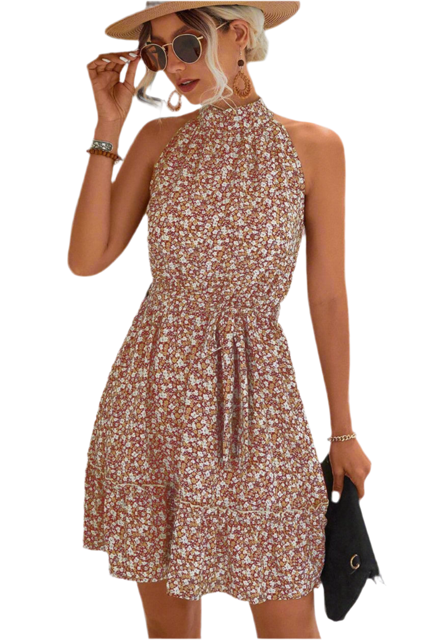 Floral Frill Trim Keyhole Sleeveless Dress