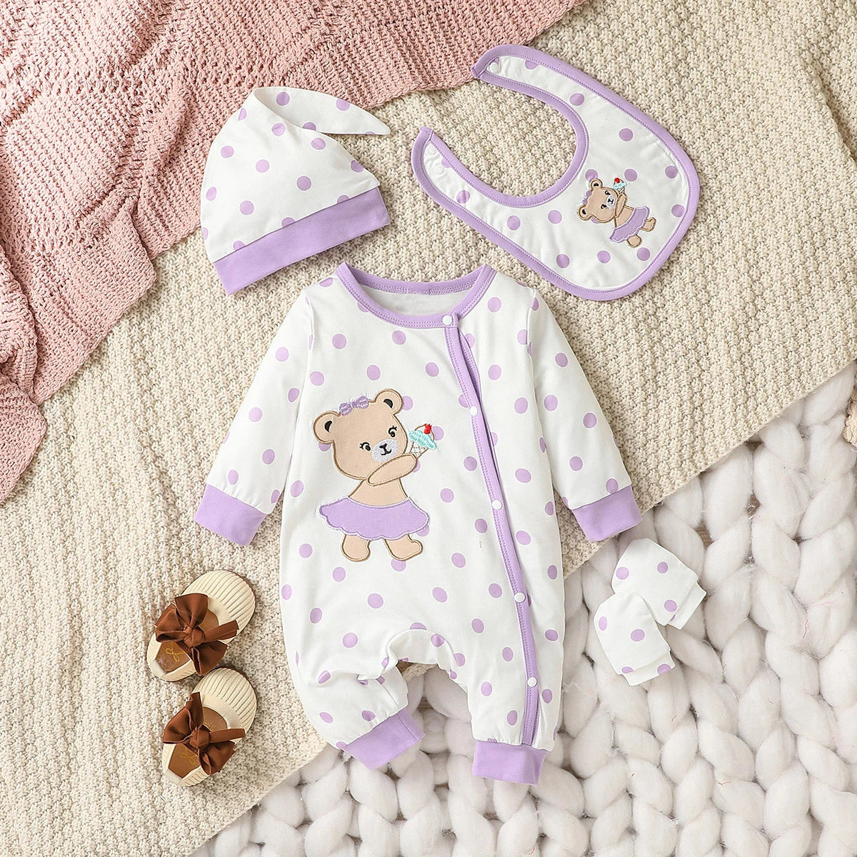 4PCS  Newborn Baby girl lovely and sweet Polka dot printingPatch Bear  autumn Cute jumpsuits+Hat+Bib