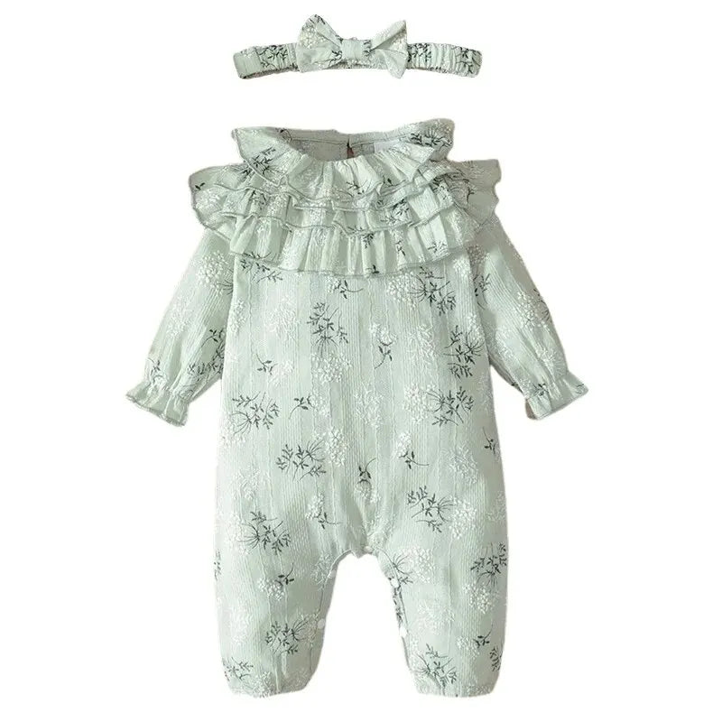 Newborn Baby Girl Spring and Autumn Bodysuit Floral Print Long Sleeve Romper with Headband Onesie Clothes for Infant 0-18 Months