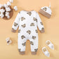 Winter Newborn Infant Baby Boys Romper Bear Print Long Sleeve Button Up Front Rompers Kids Onepiece Soft Fashion Baby  Clothing