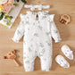 Newborn Baby Girl Spring and Autumn Bodysuit Floral Print Long Sleeve Romper with Headband Onesie Clothes for Infant 0-18 Months