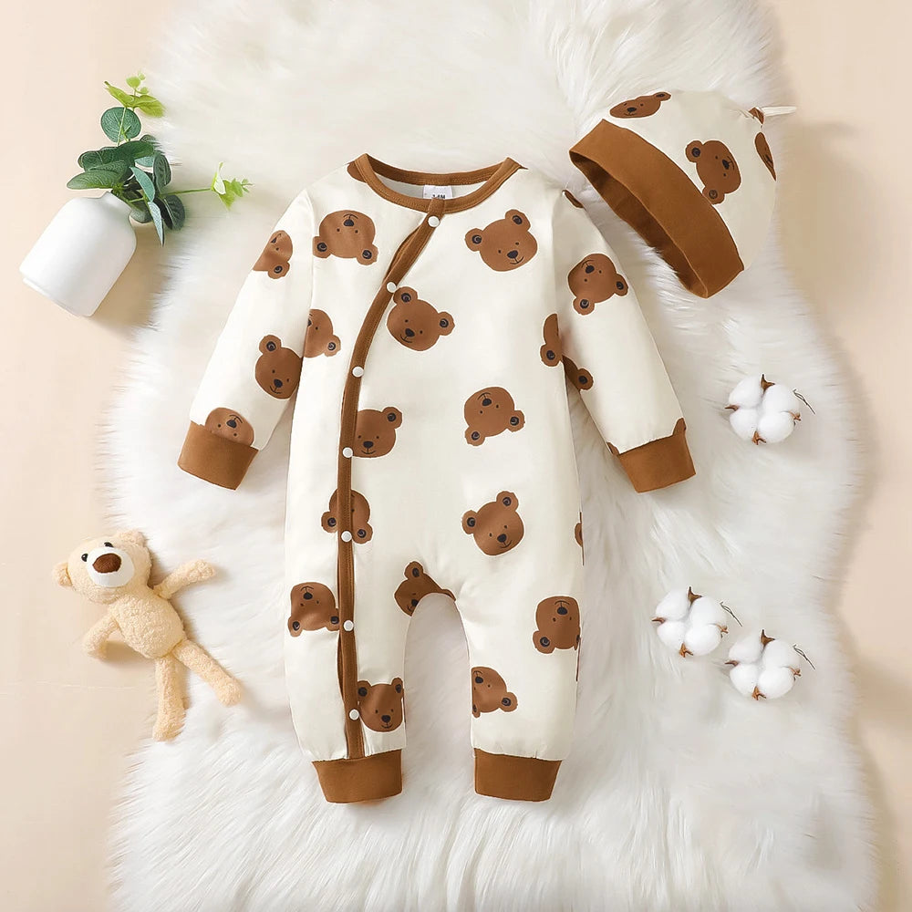 0-18 Months Spring Unisex Cute Baby Clothes Boy Girls Rompers Onesie Bear Print Long Sleeve Jumpsuits+Hat 2Pcs Set Daily Toddler