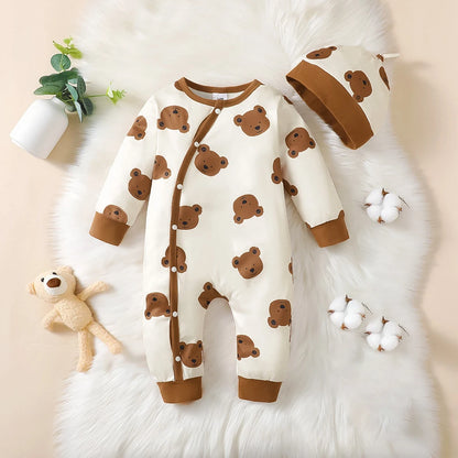 0-18 Months Spring Unisex Cute Baby Clothes Boy Girls Rompers Onesie Bear Print Long Sleeve Jumpsuits+Hat 2Pcs Set Daily Toddler