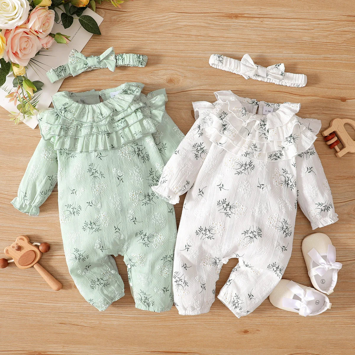 Newborn Baby Girl Spring and Autumn Bodysuit Floral Print Long Sleeve Romper with Headband Onesie Clothes for Infant 0-18 Months