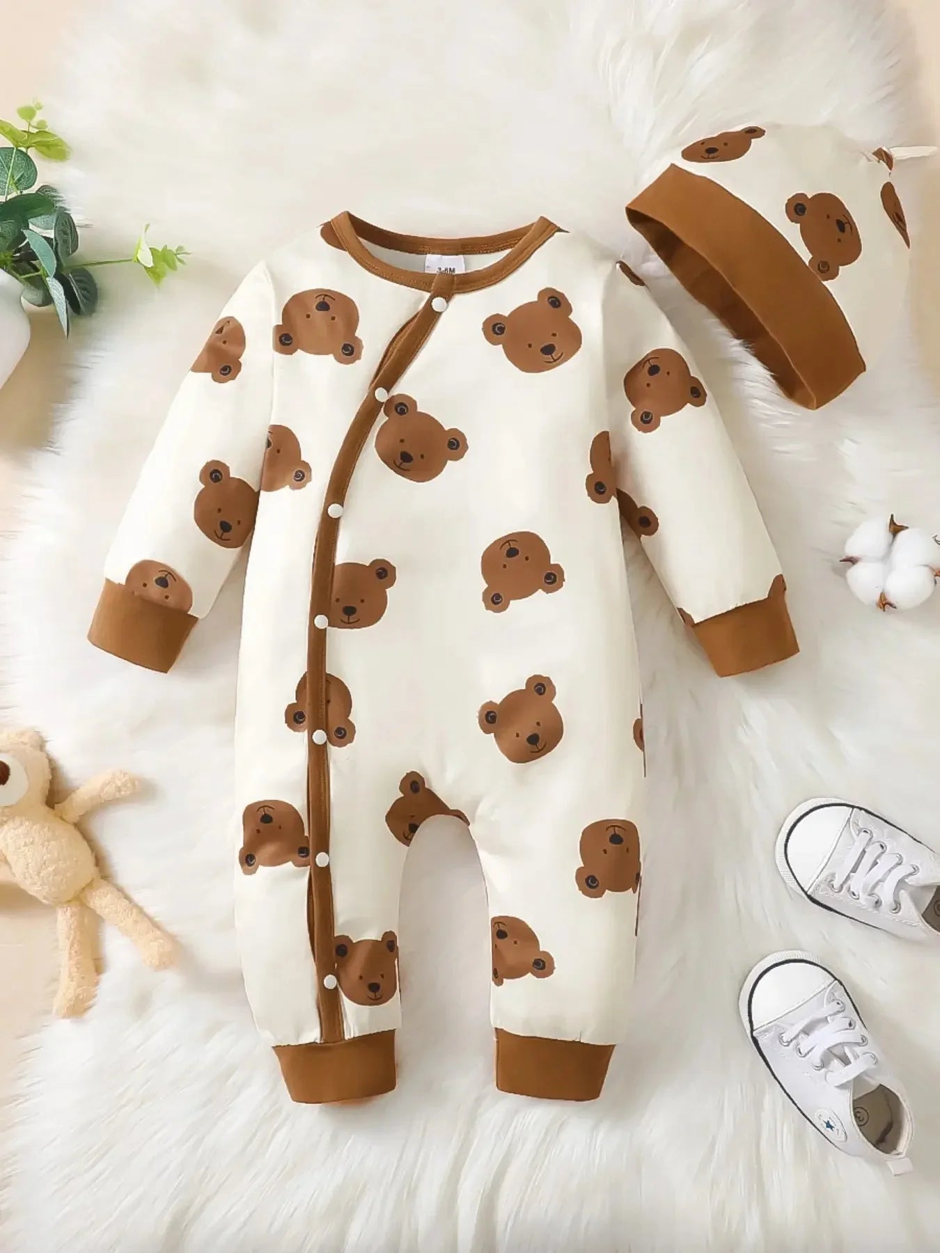 Winter Newborn Infant Baby Boys Romper Bear Print Long Sleeve Button Up Front Rompers Kids Onepiece Soft Fashion Baby  Clothing