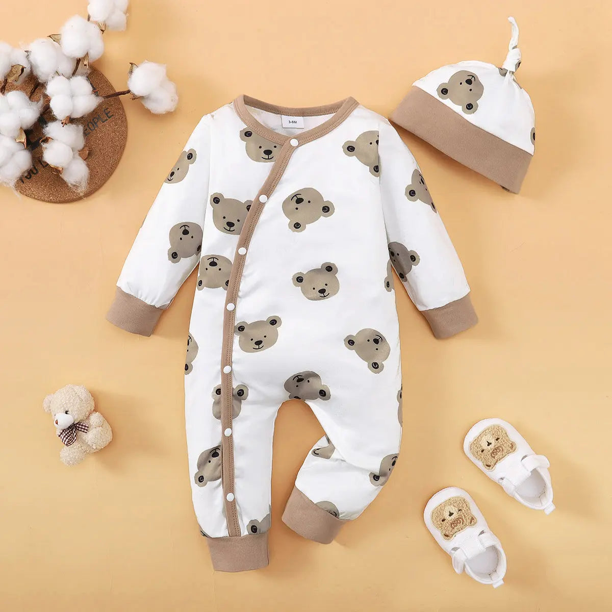 Winter Newborn Infant Baby Boys Romper Bear Print Long Sleeve Button Up Front Rompers Kids Onepiece Soft Fashion Baby  Clothing