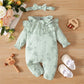 Newborn Baby Girl Spring and Autumn Bodysuit Floral Print Long Sleeve Romper with Headband Onesie Clothes for Infant 0-18 Months