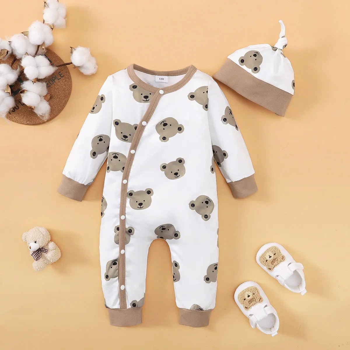 Winter Newborn Infant Baby Boys Romper Bear Print Long Sleeve Button Up Front Rompers Kids Onepiece Soft Fashion Baby  Clothing