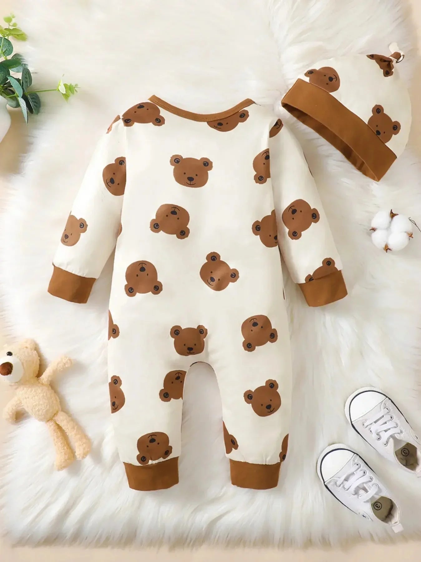 Winter Newborn Infant Baby Boys Romper Bear Print Long Sleeve Button Up Front Rompers Kids Onepiece Soft Fashion Baby  Clothing