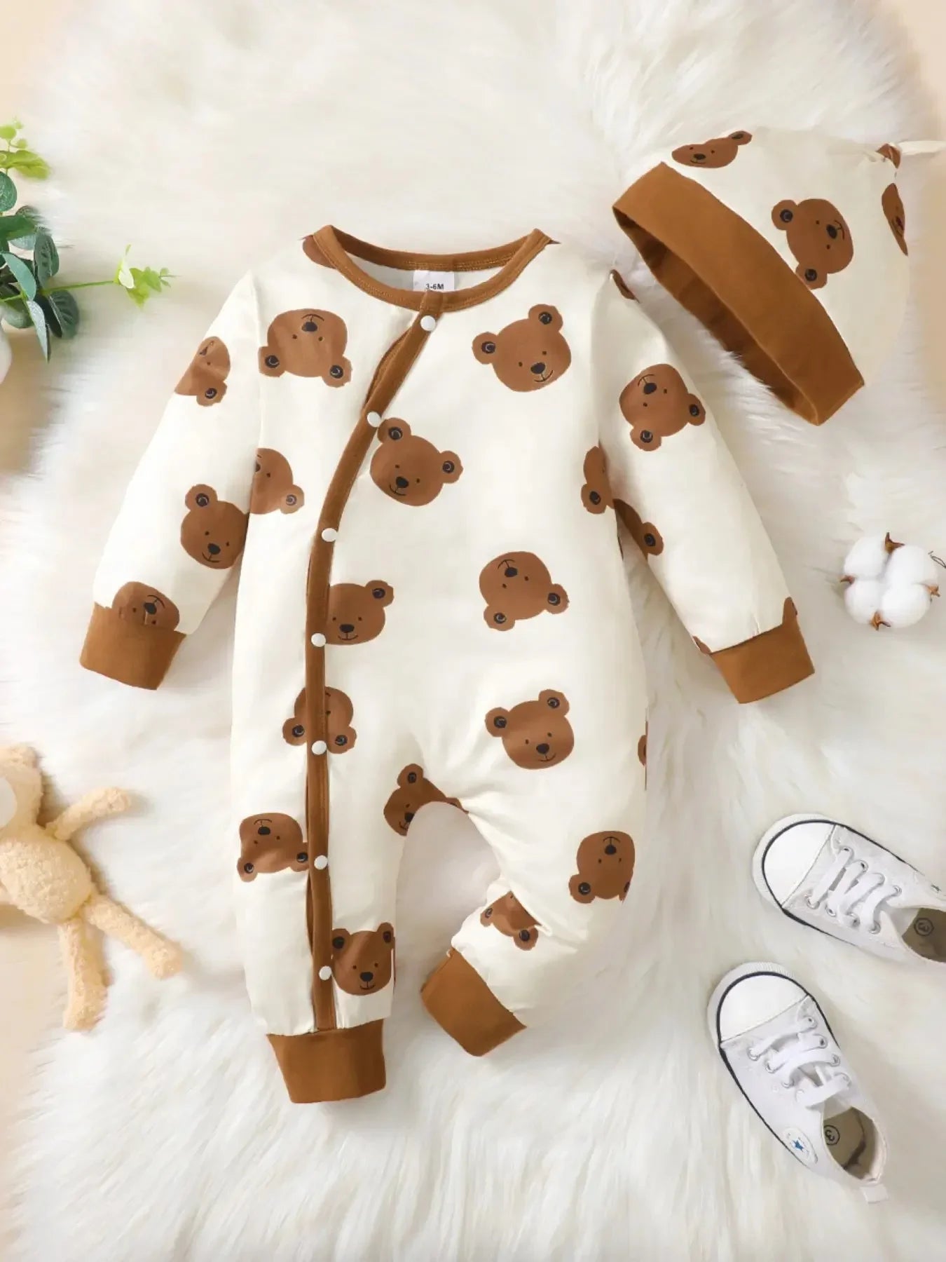 Winter Newborn Infant Baby Boys Romper Bear Print Long Sleeve Button Up Front Rompers Kids Onepiece Soft Fashion Baby  Clothing