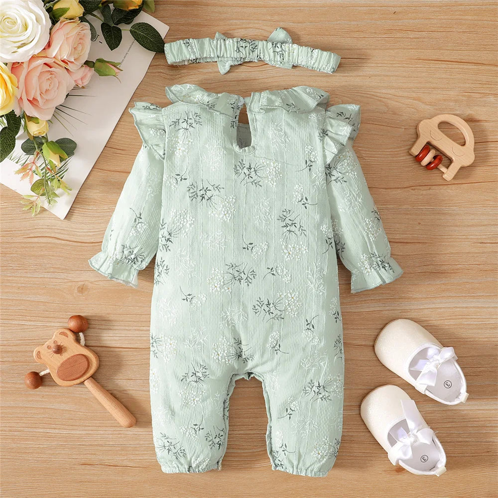 Newborn Baby Girl Spring and Autumn Bodysuit Floral Print Long Sleeve Romper with Headband Onesie Clothes for Infant 0-18 Months