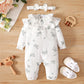 Newborn Baby Girl Spring and Autumn Bodysuit Floral Print Long Sleeve Romper with Headband Onesie Clothes for Infant 0-18 Months